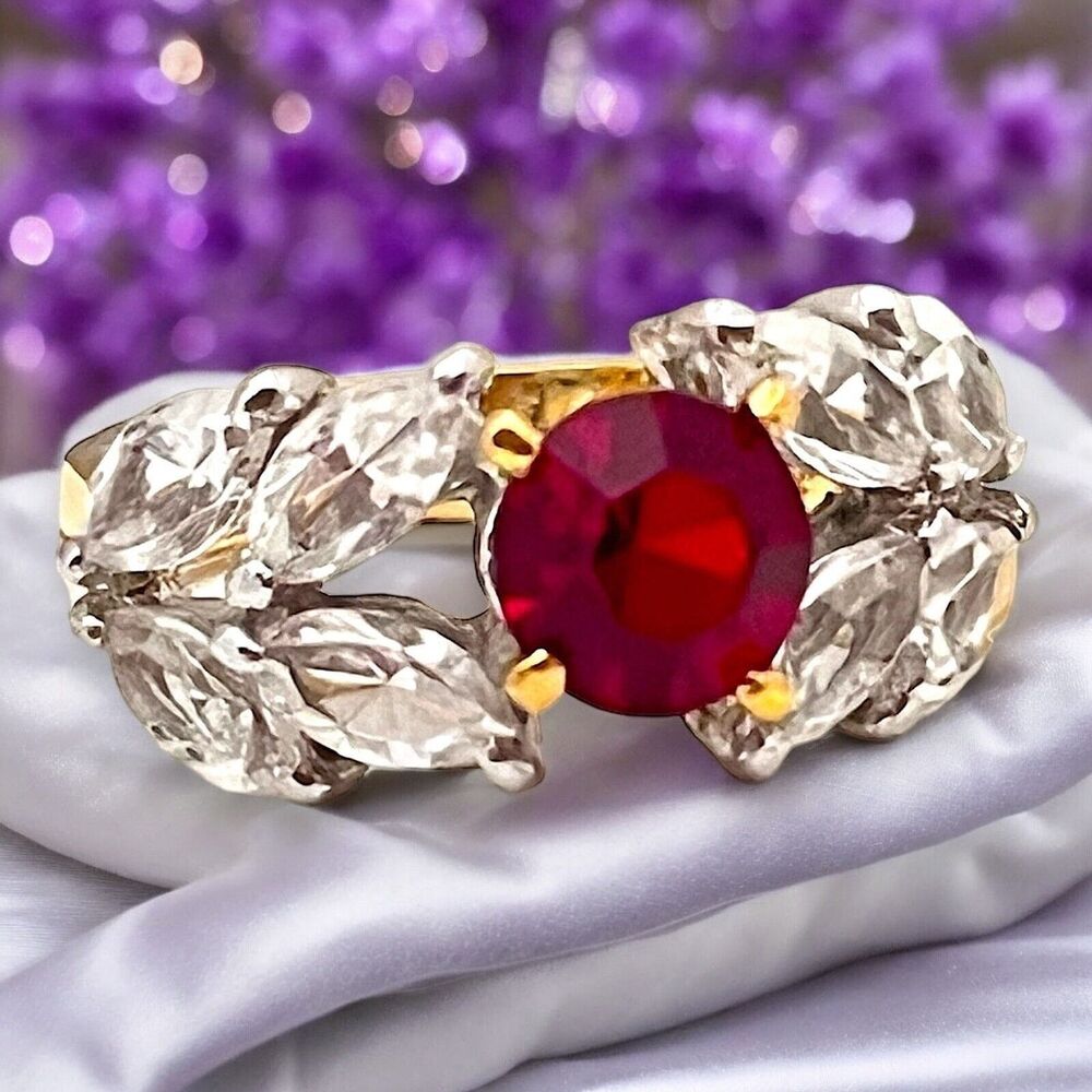 Vintage 1980s Ring Size 8 Ruby Red Austrian Crystal Marquise Gold Plated - 14M